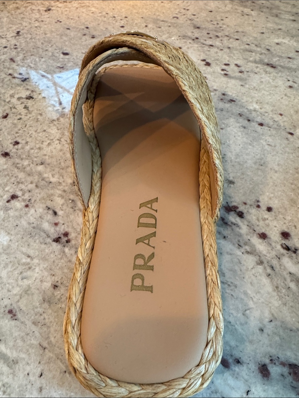 Prada Natural Raffia Crisscross Slide Sandals with Gold Logo - Picture 3 of 9